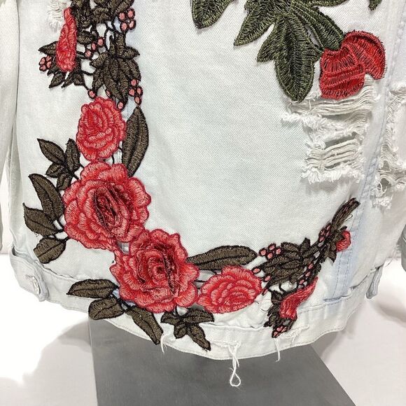 Emory Park Patch Work Rose Troublemaker Distressed Jean Denim Jacket Shacket - Picture 9 of 16